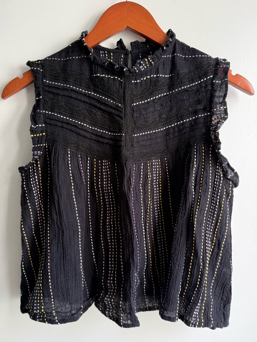Bell by Alicia Bell Textured Cotton Ruffle Sleeve Boho Blouse Black Stripe Small
